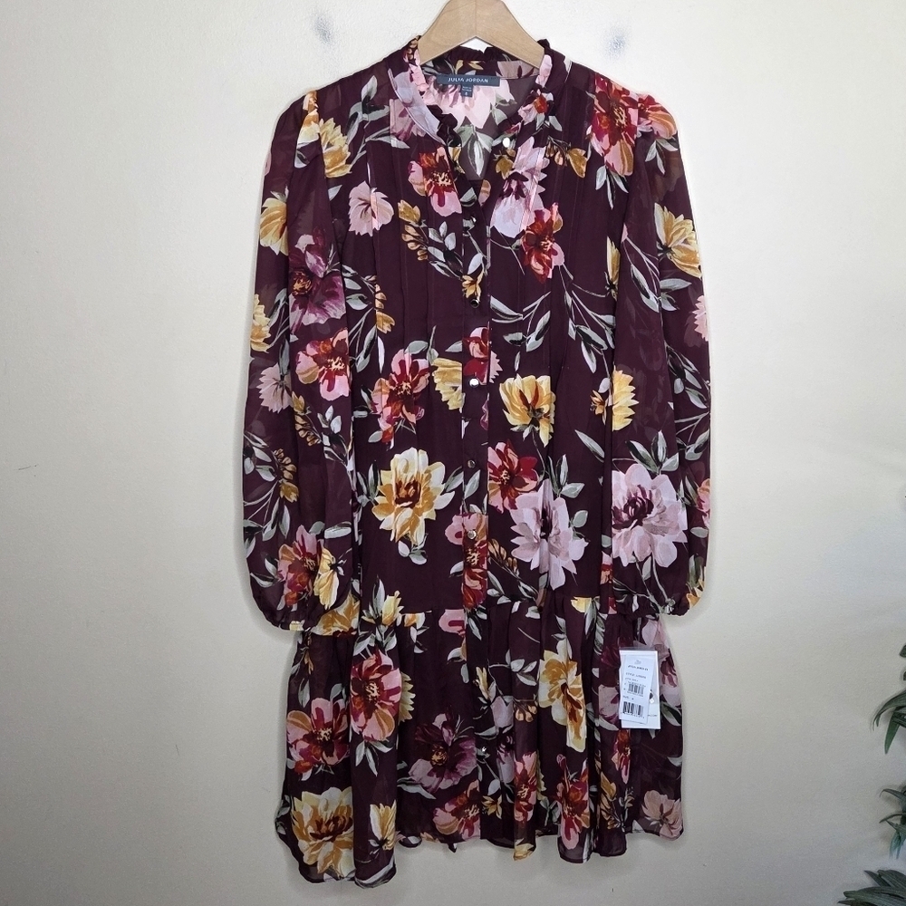 NWT Julia Jordan Burgundy Floral Button Front Swing Dress Size 8